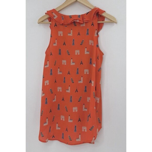 Anthropologie Maeve Aurelie Orange Travel Eiffel Tower Blouse Ruffles Sz 2, Boho - Picture 2 of 11